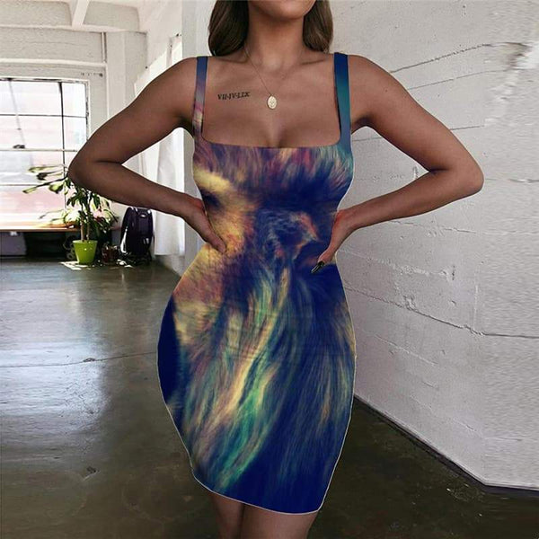 Lion Dress Women Animal 3d Print Anime Halter Sleeveless Colorful Bodycon Dress Graffiti Vestido Sexy - KYKU