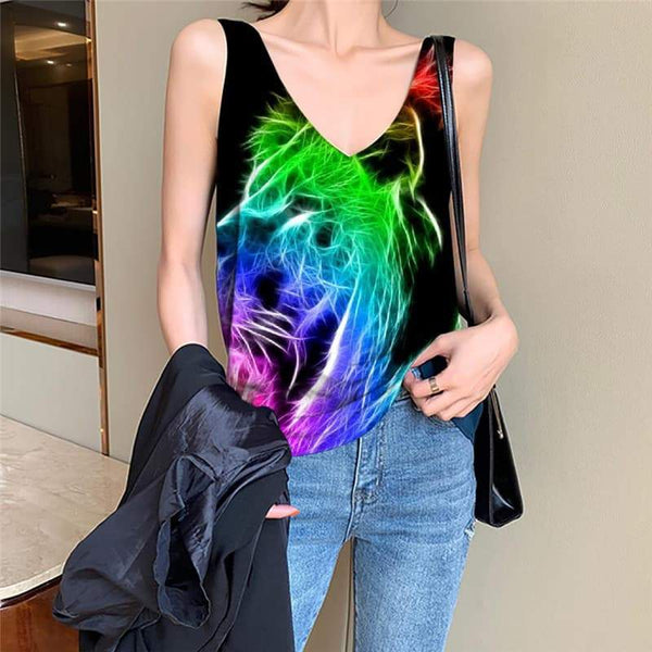Lion Tank-Top women Animal Vest Print Anime Sleeveless 3d Colorful Funny Top Flame Vest Printed - KYKU