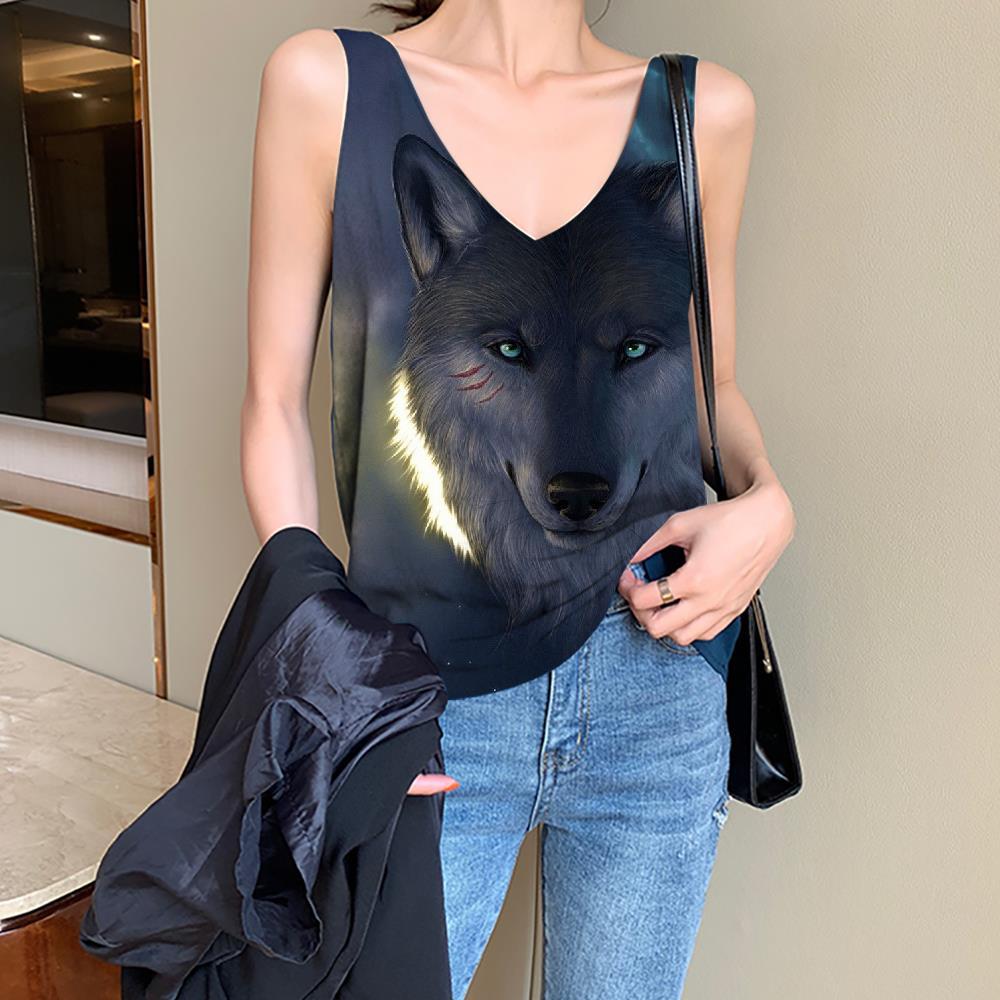 Wolf Tank-Top women Animal Tank Tops Casual Anime Vest Print Cloud Anime Clothes - KYKU