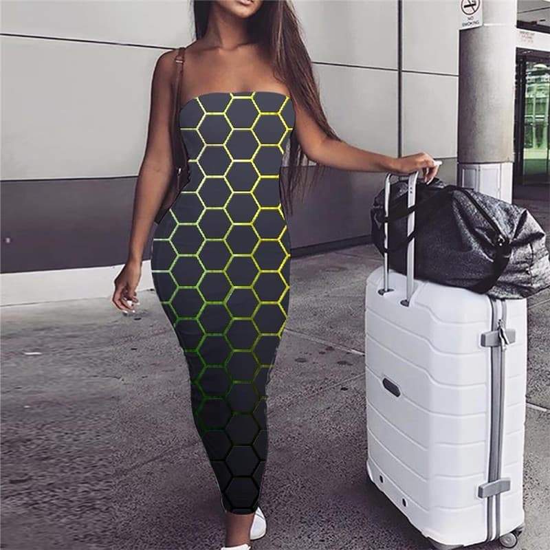Geometric Dress Women Psychedelic 3d Print Vortex Bodycon Dress Honeycomb Party Square Sundress - KYKU