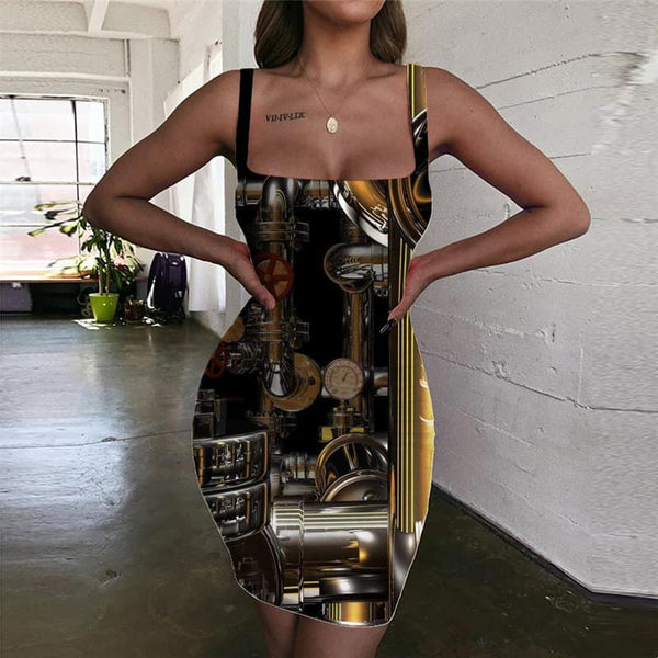 Metal Dress Women Engine 3d Print Gear Halter Sleeveless Motorcycle Sundress