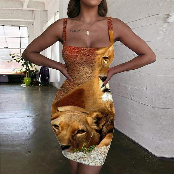 Lion Dresses Women Animal Halter Sleeveless Anime Vestido Sexy Lovely Bodycon Dress Family 3d Print - KYKU