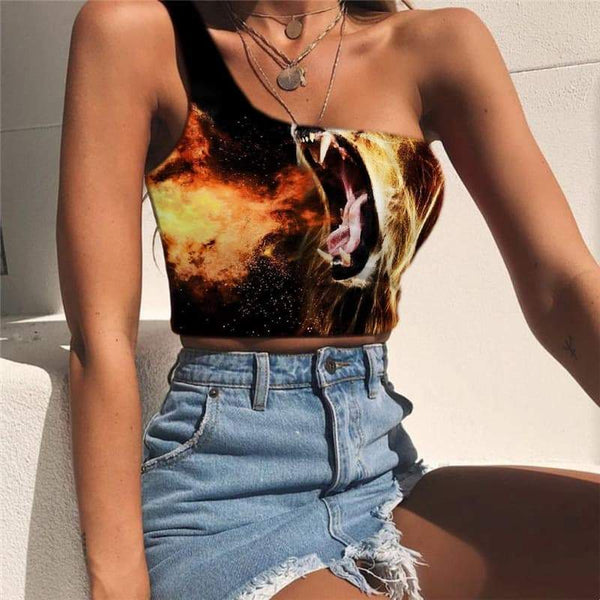 Lion Vest Tops Women Animal Tees Graphic Anime One Shoulder Crop Flame Midriff T shirt Harajuku Sleeveless Shirt - KYKU