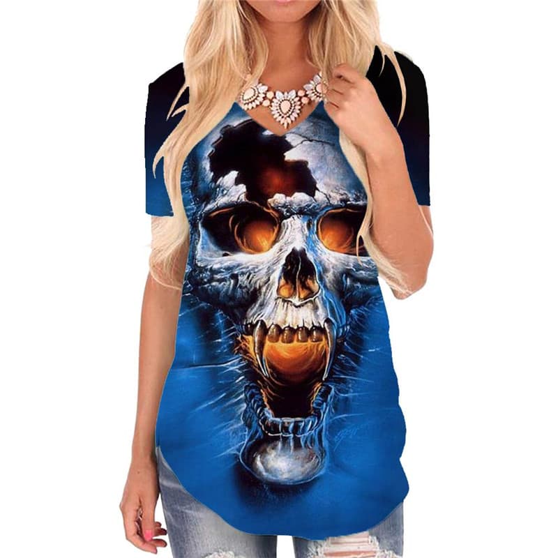 Skull T Shirt Women Punk Tshirts Printed Blue V-neck Tshirt Water T-shirts 3d