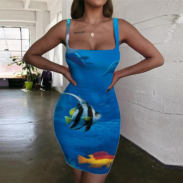 Shark Dress Women Fish Halter Sleeveless Animal Sundress Ocean 3d Print Blue Vestido Sexy