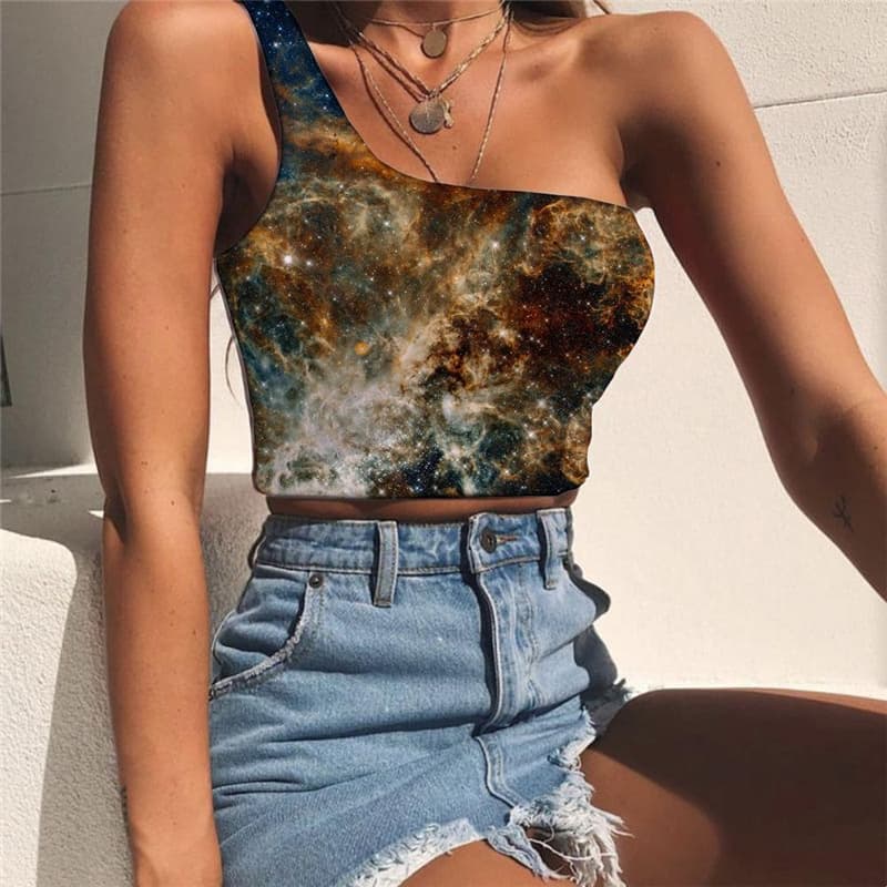 Galaxy Tank Tops Women Space Sleeveless Shirt Universe One Shoulder Crop Nebula Tees Graphic