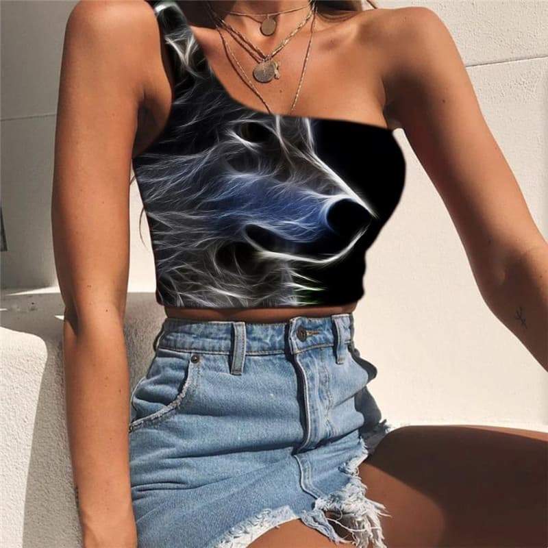 Wolf Vest Tops Women Animal Tees Graphic Anime Sleeveless Shirt Psychedelic One Shoulder Crop Black Midriff T shirt - KYKU