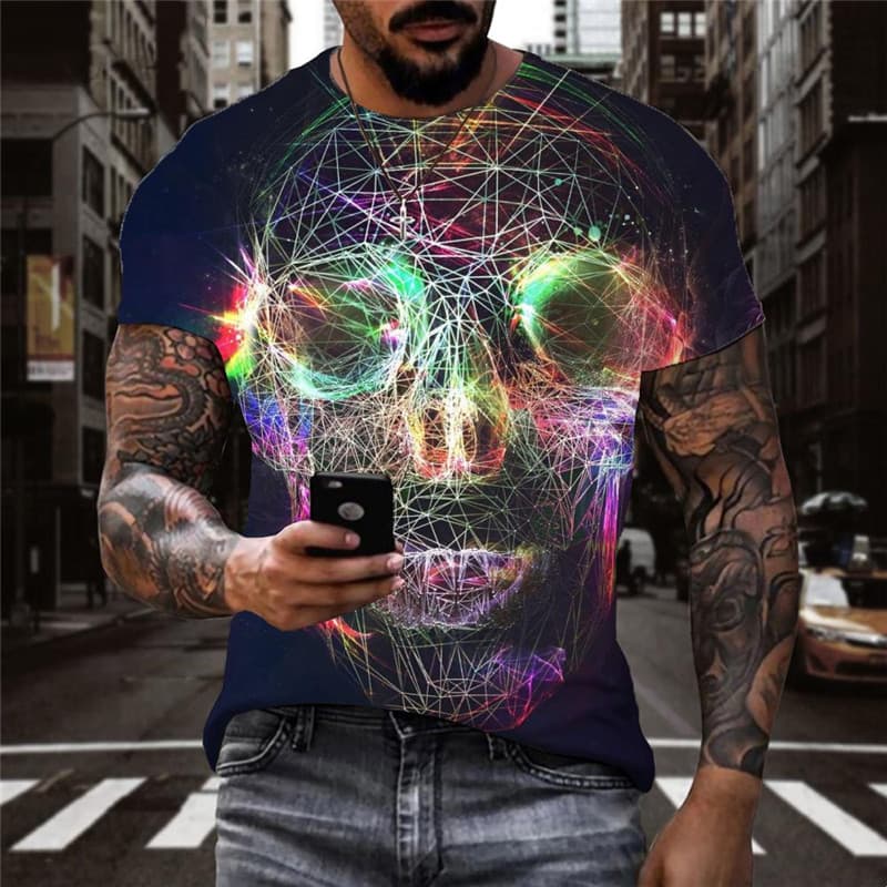 Skull T-shirt Men Colorful Tshirts Casual Pigment T-shirts 3d Rainbow Anime Clothes