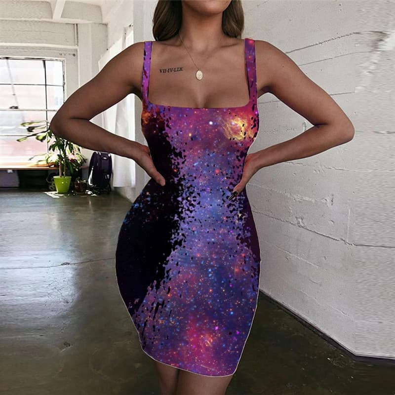 Galaxy Dress Women Space Ladies Dresses Universe Halter Sleeveless Novel Vestido Sexy