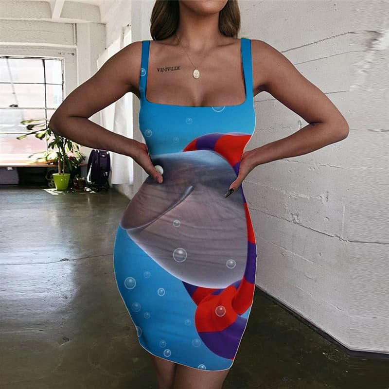 Fish Dresses Women Blue 3d Print Animal Bodycon Dress Ocean Sundress Christmas Halter Sleeveless
