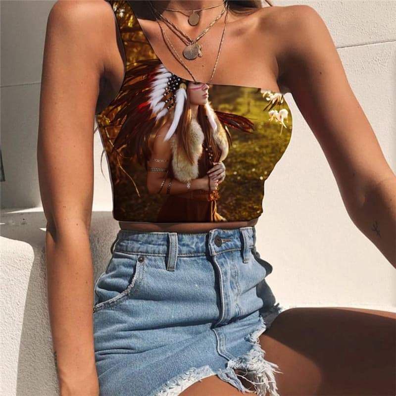 Indios Tank Tops Women Colorful Sleeveless Shirt Landscape One Shoulder Crop - KYKU