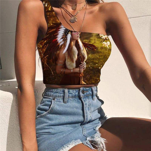 Indios Tank Tops Women Colorful Sleeveless Shirt Landscape One Shoulder Crop - KYKU