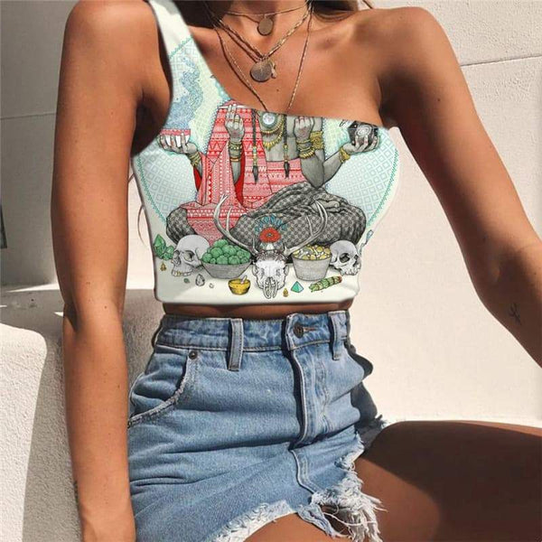 Indios Vest Tops Women Skull Sleeveless Shirt Food Midriff T shirt Animal One Shoulder Crop - KYKU