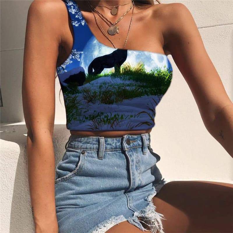 Wolf Tank Tops Women Animal Tees Graphic Anime Sleeveless Shirt Moon One Shoulder Crop Flower Midriff T shirt - KYKU