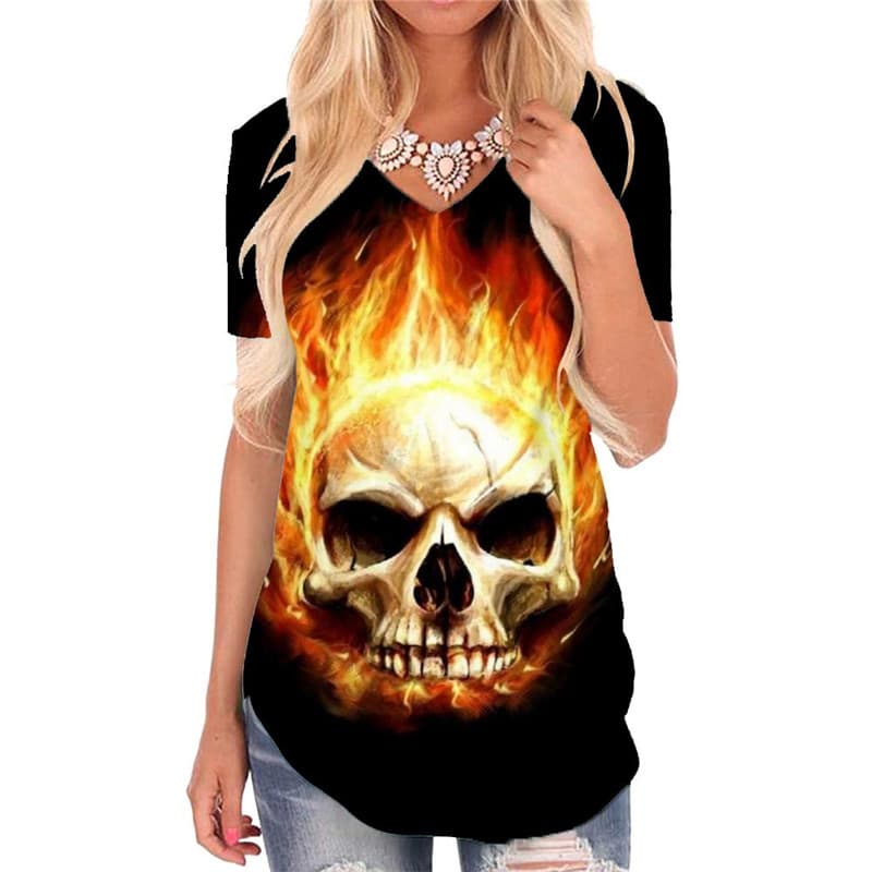 Skull T Shirt Women Punk T-shirts 3d Skull V-neck Tshirt Flame Tshirts Printed