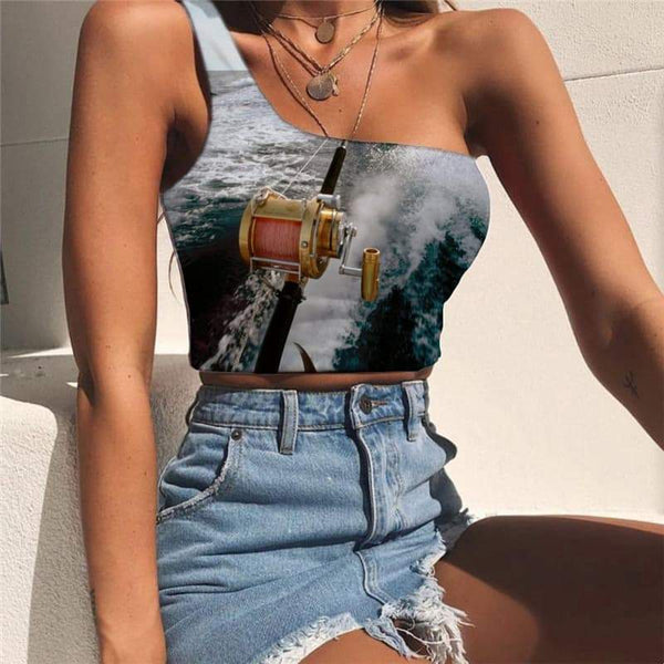 Fishing Tank Tops Women Ocean One Shoulder Crop Waves Tees Graphic Hip Hop Sleeveless Shirt - KYKU