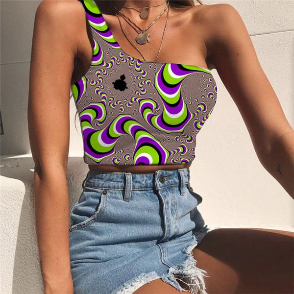 Hypnosis Tank Tops Women Colorful One Shoulder Crop Abstract Tees Graphic