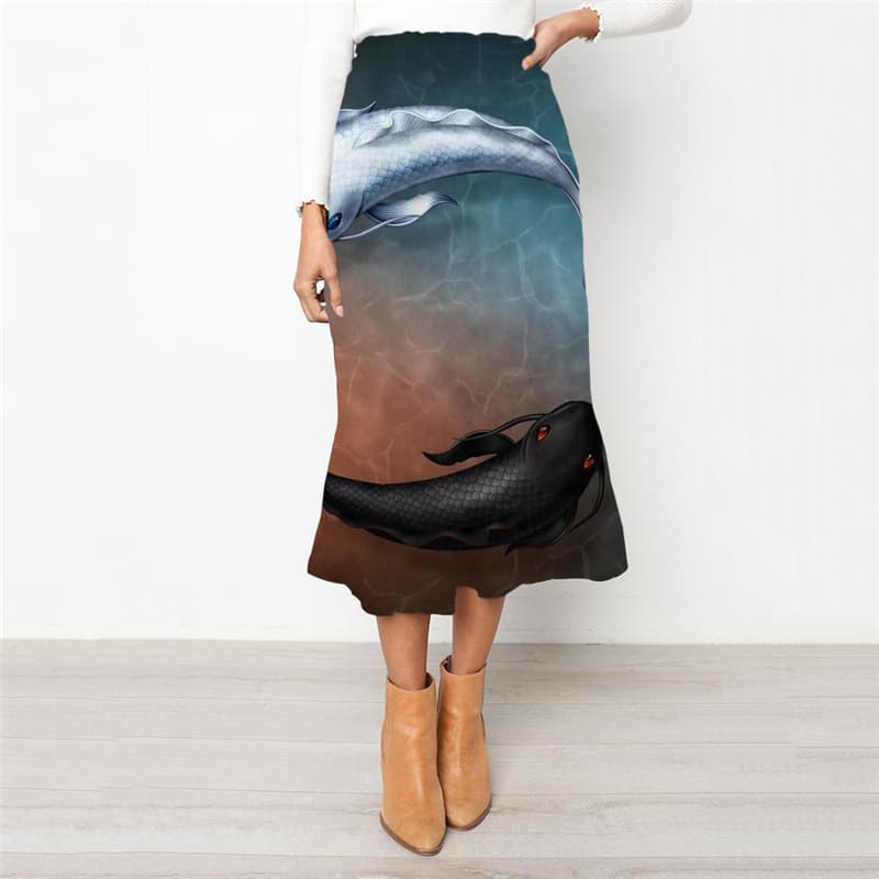 Fish Skirts Women Black And White Skirt Ladies Ocean High waist skirts Hip Hop Rock Frauen