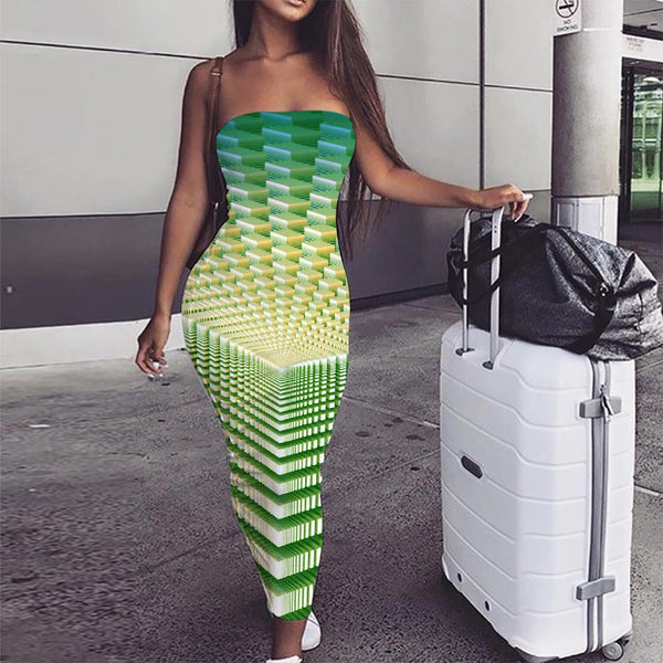 Geometric Dress Women Psychedelic Ladies Dresses Vortex Boho Green sleeveless - KYKU