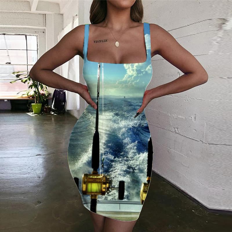 Fish Dress Women Tracksuits Vestido Sexy Wave 3d Print Fisherman Ladies Dresses Fishing Sundress
