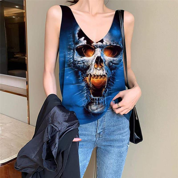 Skull Tank-Top women Punk Vest Printed Blue Tank Tops Casual Water Vest Print - KYKU