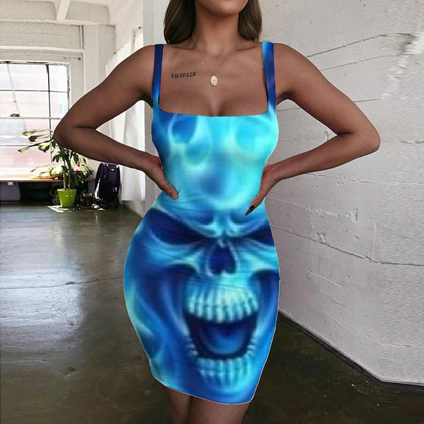Skull Dress Women Punk Halter Sleeveless Blue Sundress Flame Vestido Sexy - KYKU