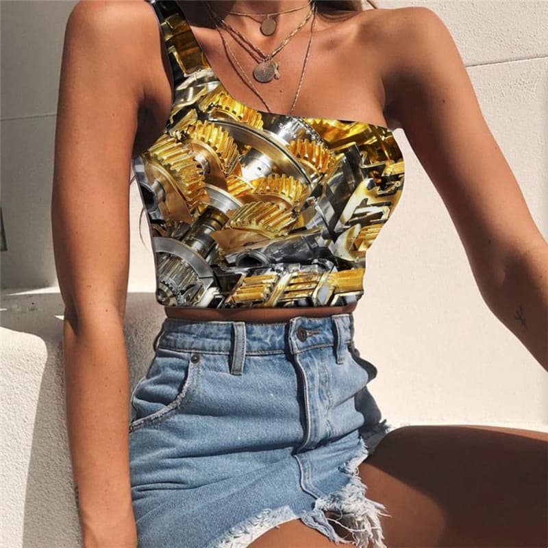 Engine Vest Tops Women Gear One Shoulder Crop Art Sleeveless Shirt Woman Clothes