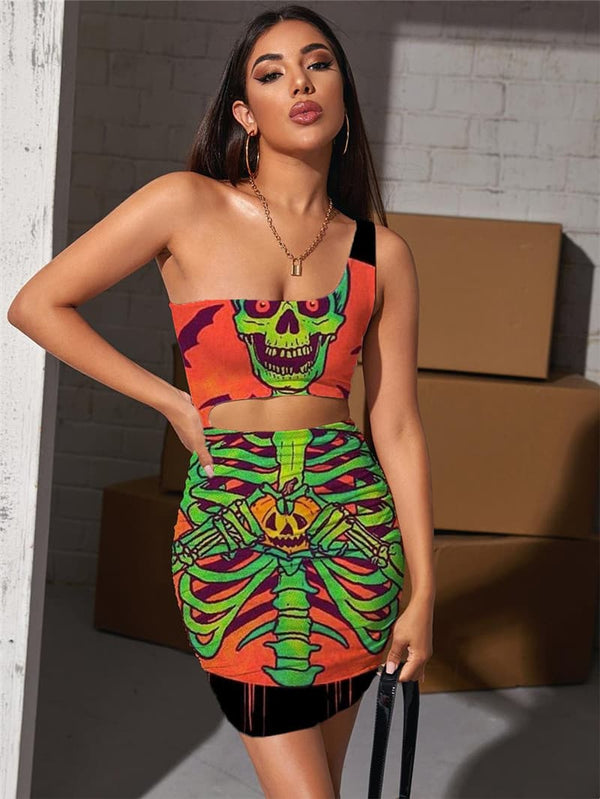 Skull Dress Women Skeleton Halter Sleeveless Halloween Pleating Moon 3d Print Crow Bodycon Dress