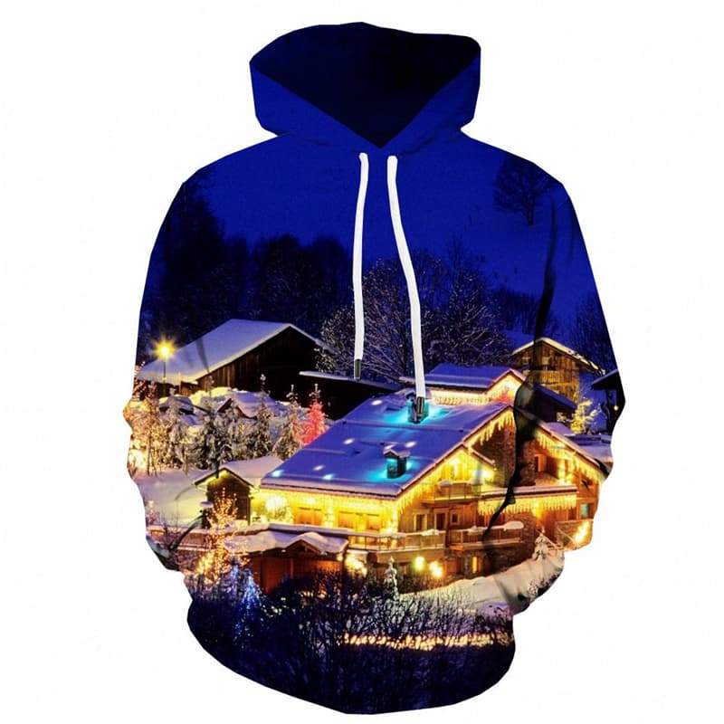 Landscape Sweatshirts men House 3d Printed Snow Hooded Casual Christmas Hoody Anime - KYKU