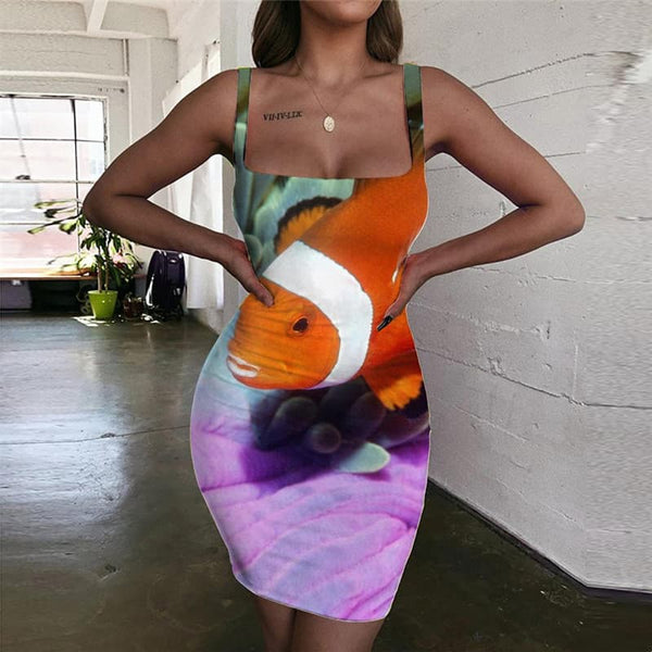Fish Dress Women Colorful Halter Sleeveless Animal 3d Print Tropical Sundress Graffiti Bodycon Dress