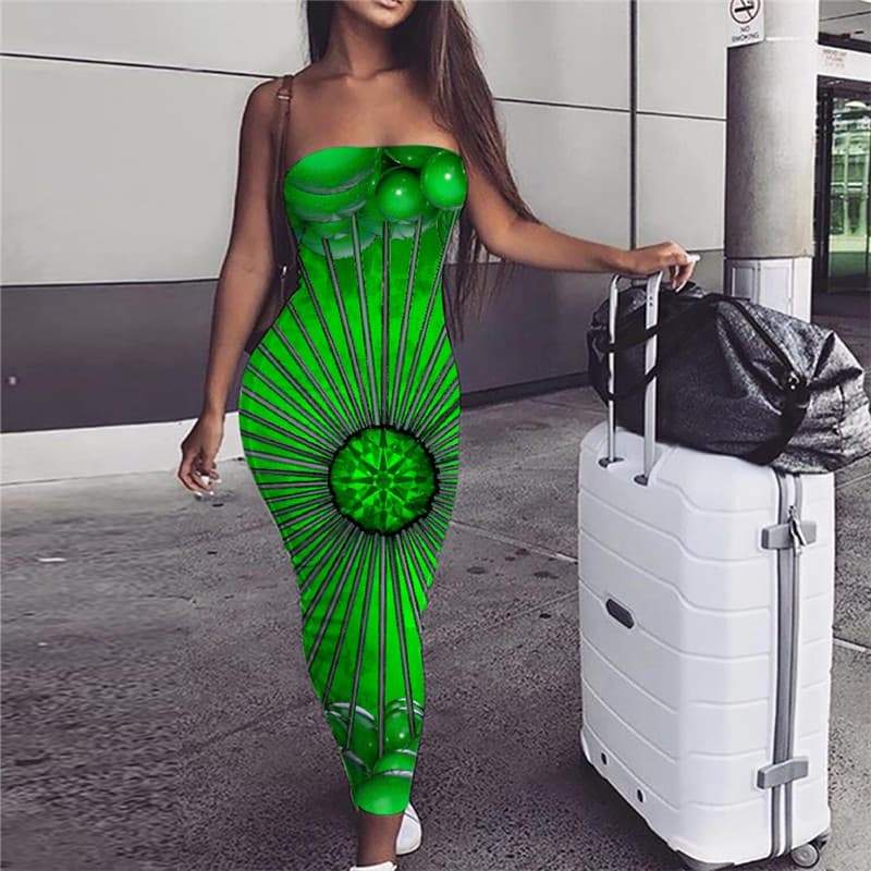 Geometric Dress Women Psychedelic 3d Print Vortex Sundress Ball Bodycon Dress Green Party - KYKU