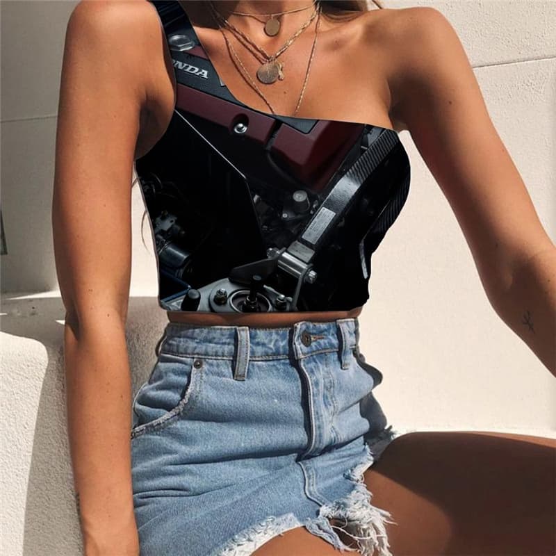 Metal Vest Tops Women Engine Tees Graphic Gear Sleeveless Shirt Moteur Midriff T shirt