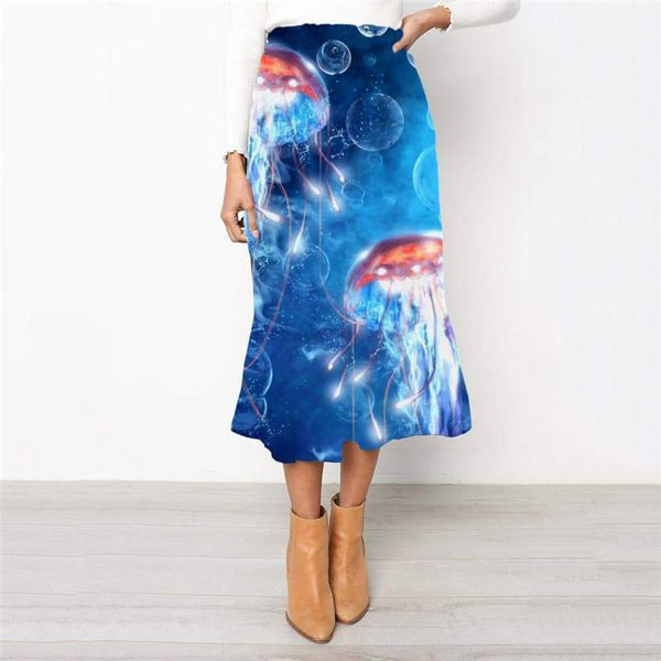 Ocean Skirt Women Jellyfish Skirt Ladies Fluorescence Rock Frauen Blue School skirt - KYKU