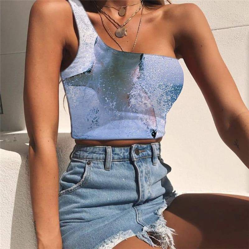 Shark Tank Tops Women Terror Tees Graphic Waves One Shoulder Crop Woman Clothes - KYKU