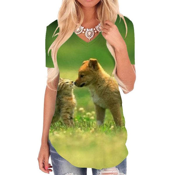 Dog T-shirt women Cat Tshirts Printed Animal V-neck Tshirt Lovely Shirt Print