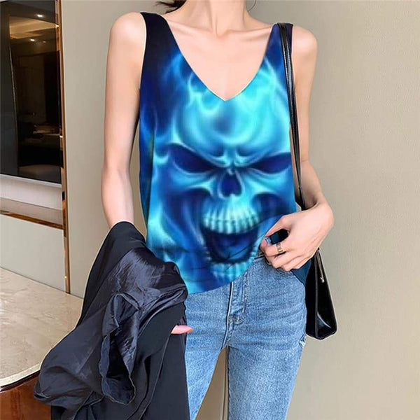 Skull Tank Top Women Punk Tank Tops Casual Blue Sleeveless 3d Flame Vest Printed - KYKU