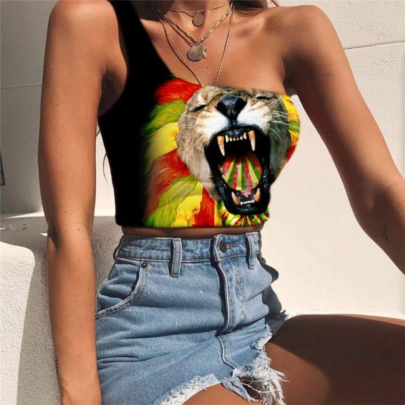 Lion Vest Tops Women Animal One Shoulder Crop Anime Midriff T shirt Hilarious Sleeveless Shirt Harajuku Tees Graphic - KYKU