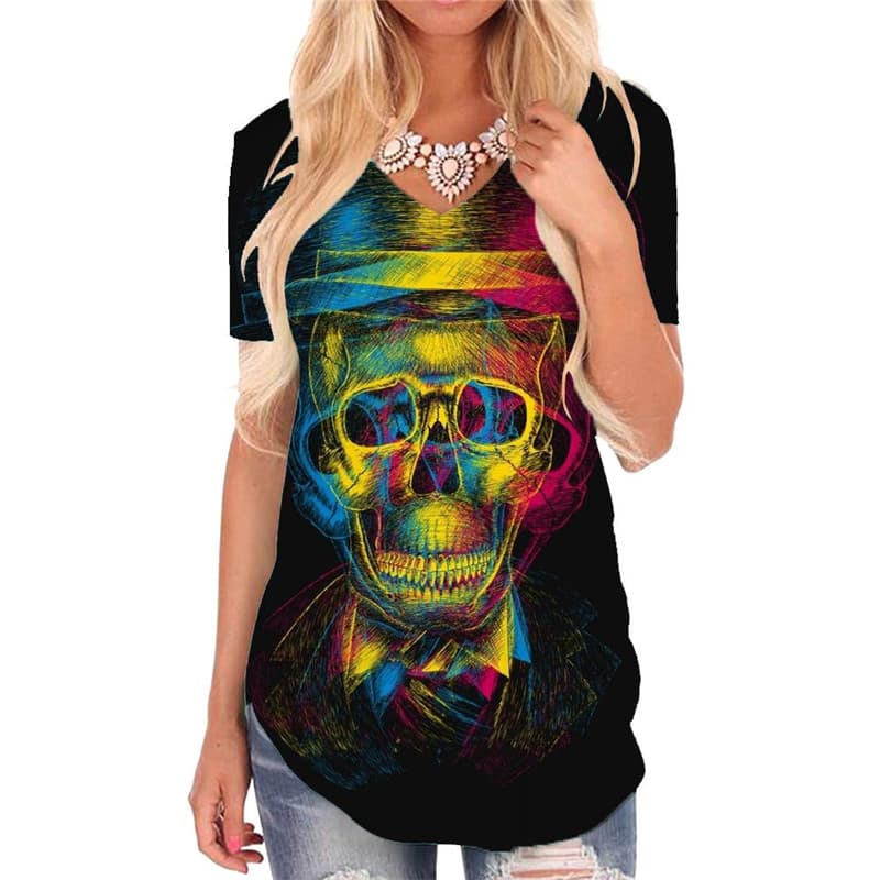 Skull T Shirt Women Punk V-neck Tshirt Psychedelic Shirt Print Hat Funny T shirts