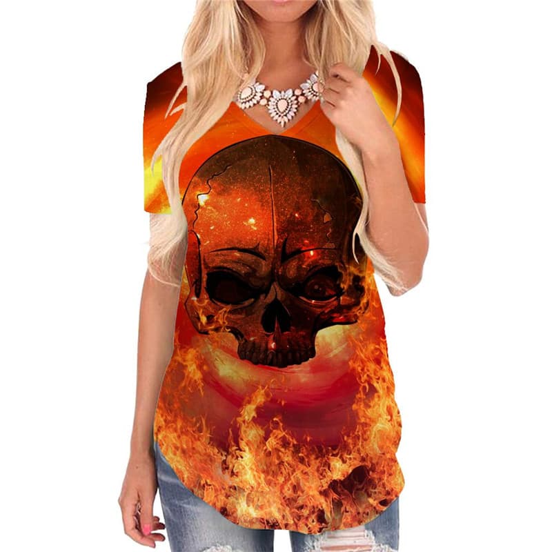 Skull T-shirt women Punk V-neck Tshirt Flame Funny T shirts Red Tshirts Printed