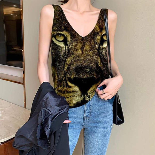 Lion Tank-Top women Animal Funny Top Anime Tank Tops Casual Ferocious Sleeveless 3d Harajuku Vest Print - KYKU