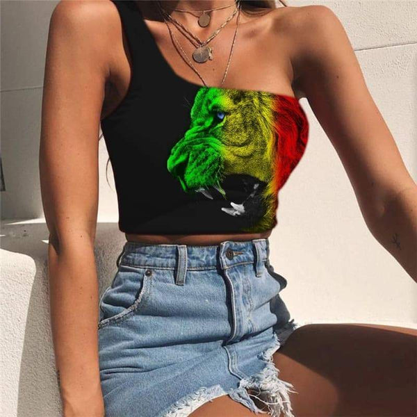 Lion Tank Tops Women Animal One Shoulder Crop Anime Midriff T shirt Flame Sleeveless Shirt Harajuku Tees Graphic - KYKU