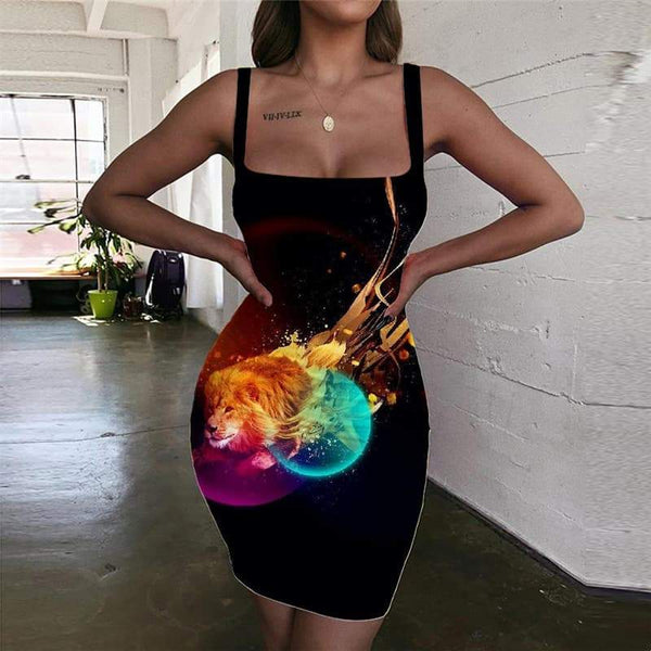 Lion Dresses Women Animal Vestido Sexy Anime Bodycon Dress Colorful Sundress Flame Halter Sleeveless - KYKU