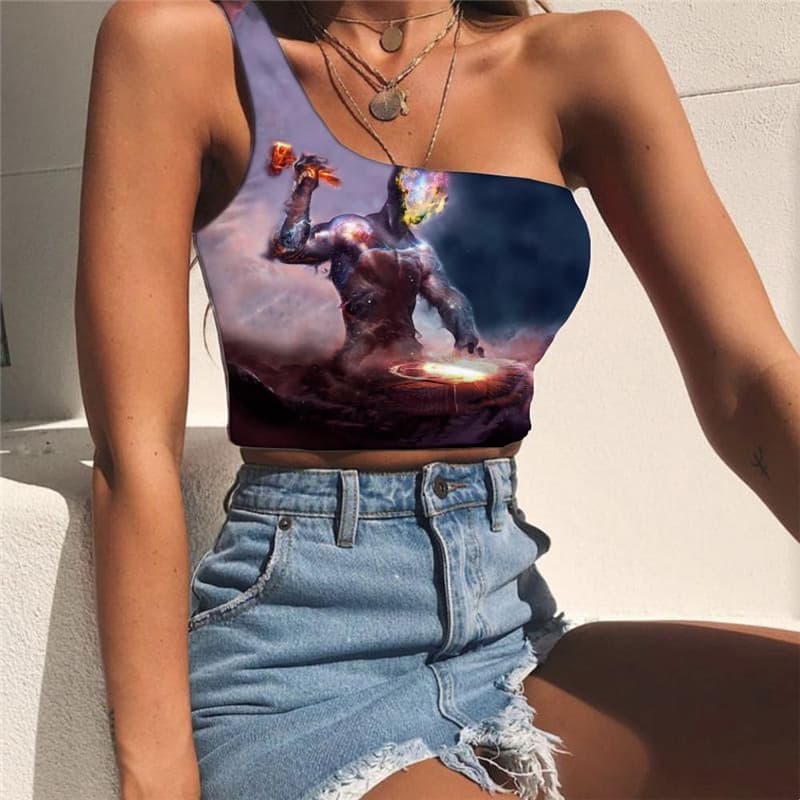 Galaxy Vest Tops Women Space Sleeveless Shirt Universe One Shoulder Crop Art Midriff T shirt Flame Tees Graphic