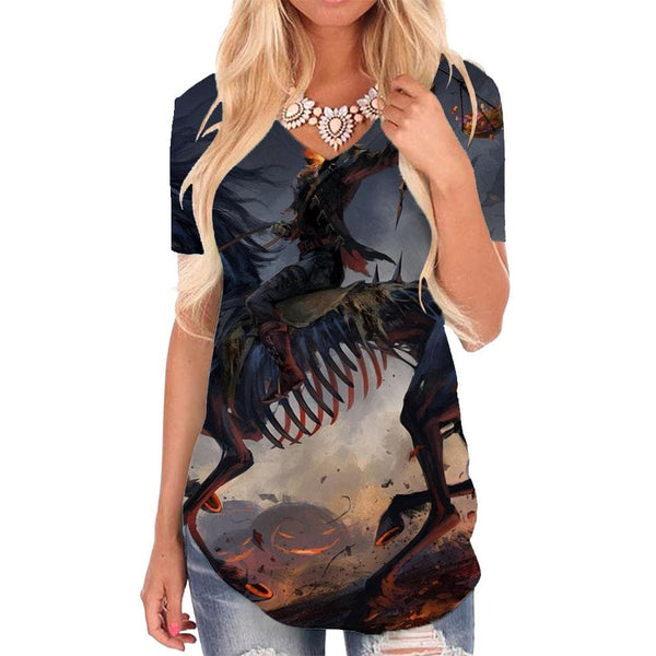 Skull T Shirt Women Horse Tshirts Printed Halloween Shirt Print Flame V-neck Tshirt Pumpkin T-shirts 3d
