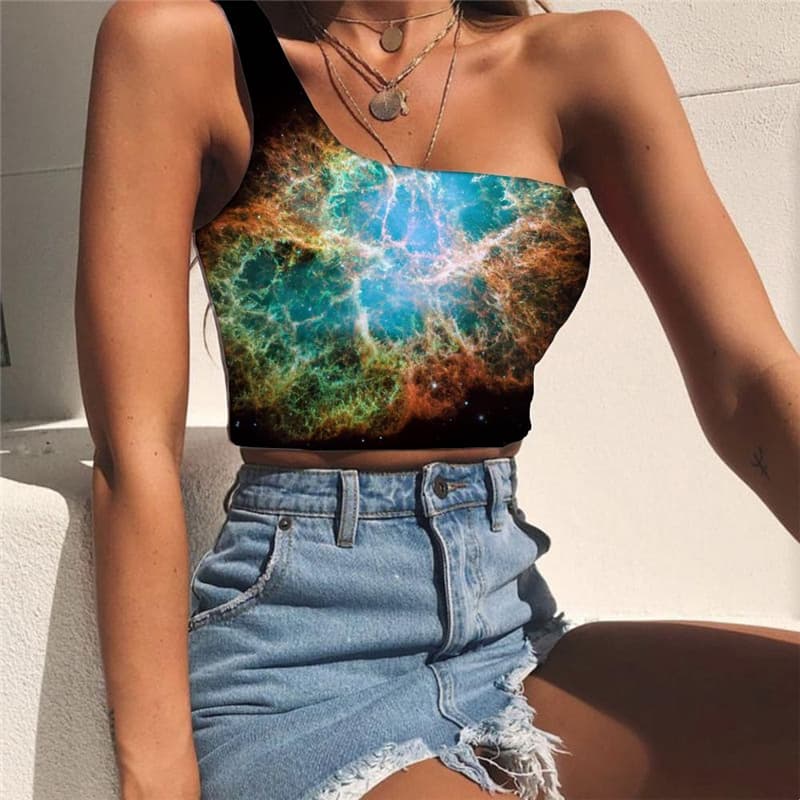 Galaxy Vest Tops Women Space Midriff T shirt Universe Sleeveless Shirt Black Tees Graphic