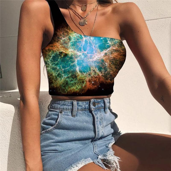 Galaxy Vest Tops Women Space Midriff T shirt Universe Sleeveless Shirt Black Tees Graphic
