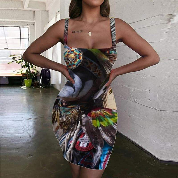 Indios Dresses Women Feather 3d Print Colorful Bodycon Dress  Vestido Sexy Metal Halter Sleeveless - KYKU