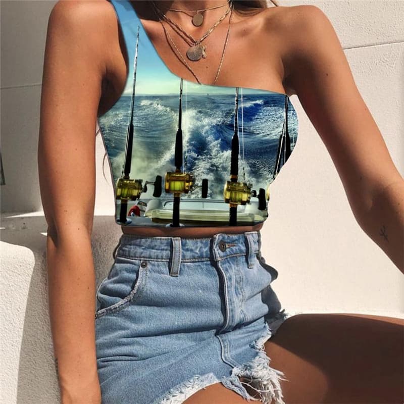 Fish Tank Tops Women Tracksuits One Shoulder Crop Wave Sleeveless Shirt Fisherman Midriff T shirt Fishing Tees Graphic