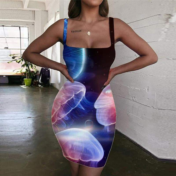 Ocean Dresses Women Jellyfish 3d Print Fluorescence Sundress Colorful Ladies Dresses - KYKU