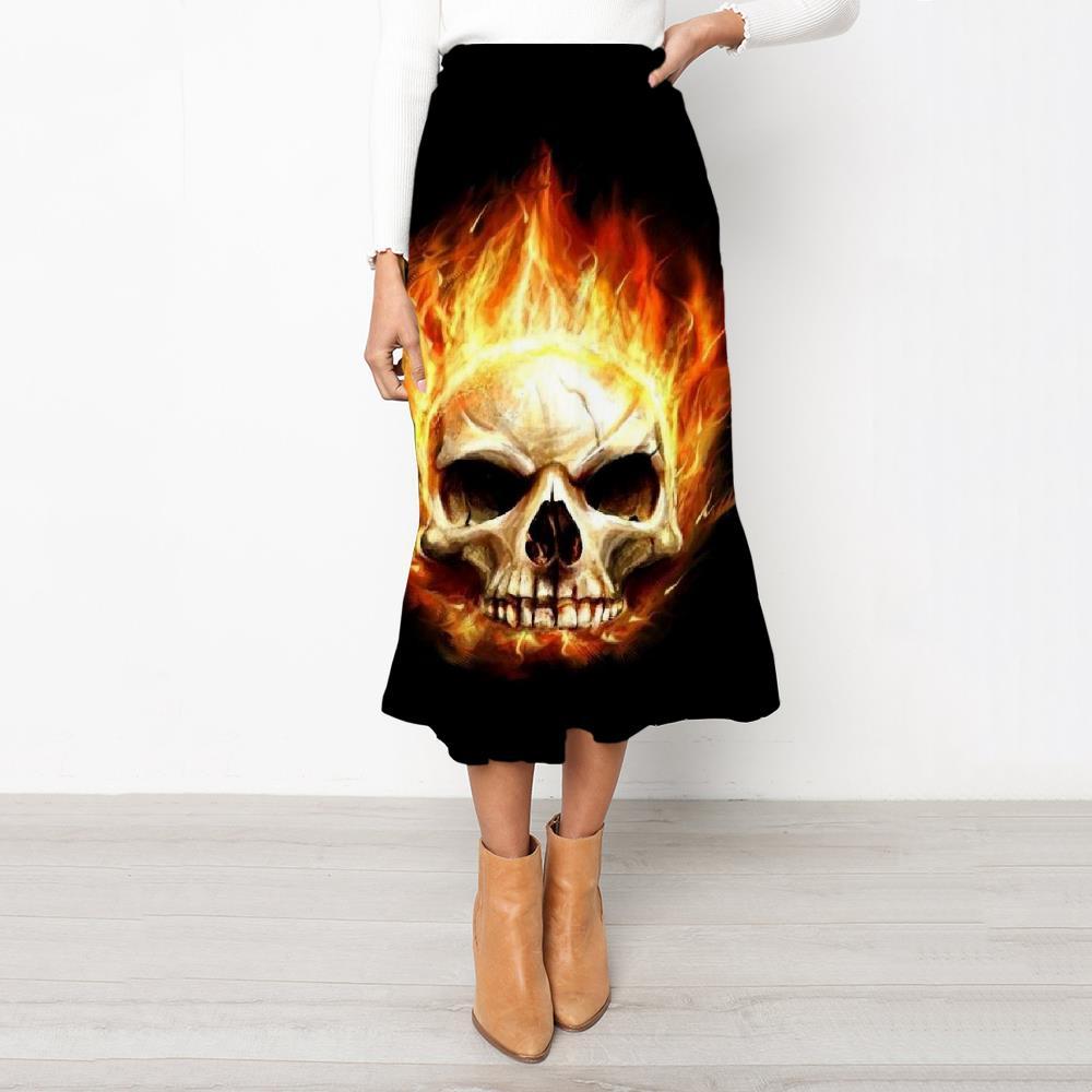 Skull Skirt Women Punk Rock Frauen Skull Skirt Ladies Flame School skirt - KYKU
